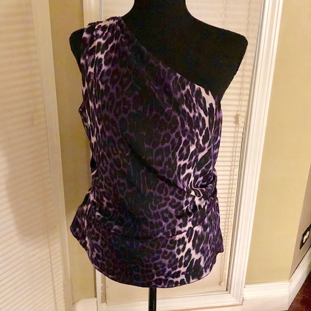 TAHARI Purple Animal Print off shoulder Blouse